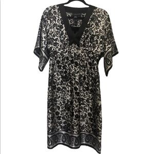 Morgan McFeeters silk kimono empire dress, black floral & silvery gray, 6